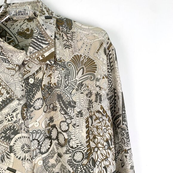 Hermès Color-Block Pattern Printed Silk Collared Single-Breasted Shirt - Picture 3 of 8